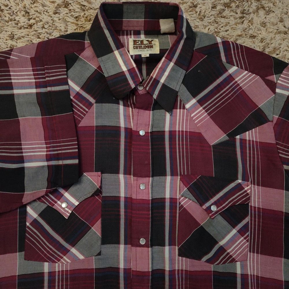 Ely Cattleman Maroon Plaid Men Sz 16 Large Short Sleeve Pearl Snap Western‎ Look
